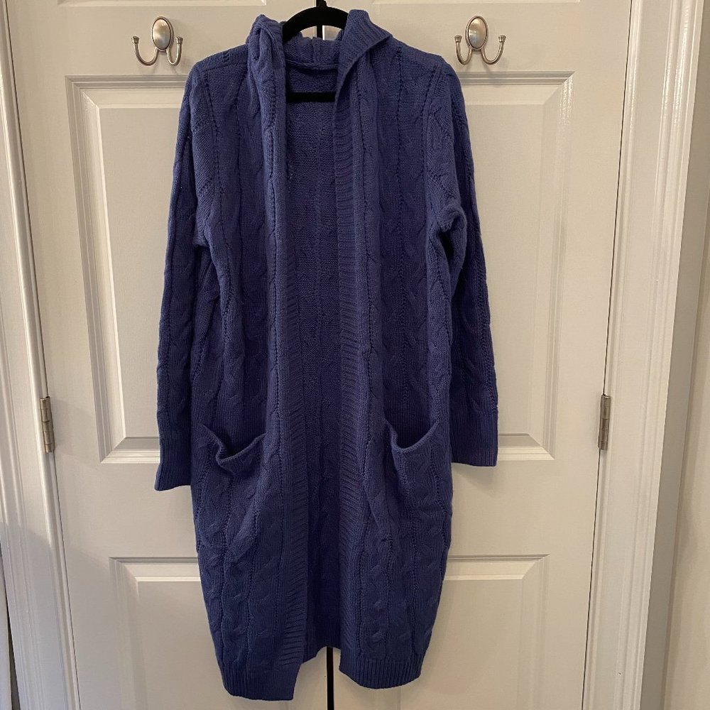 Blue Cable Knit Cardigan with Pockets and Hoodie